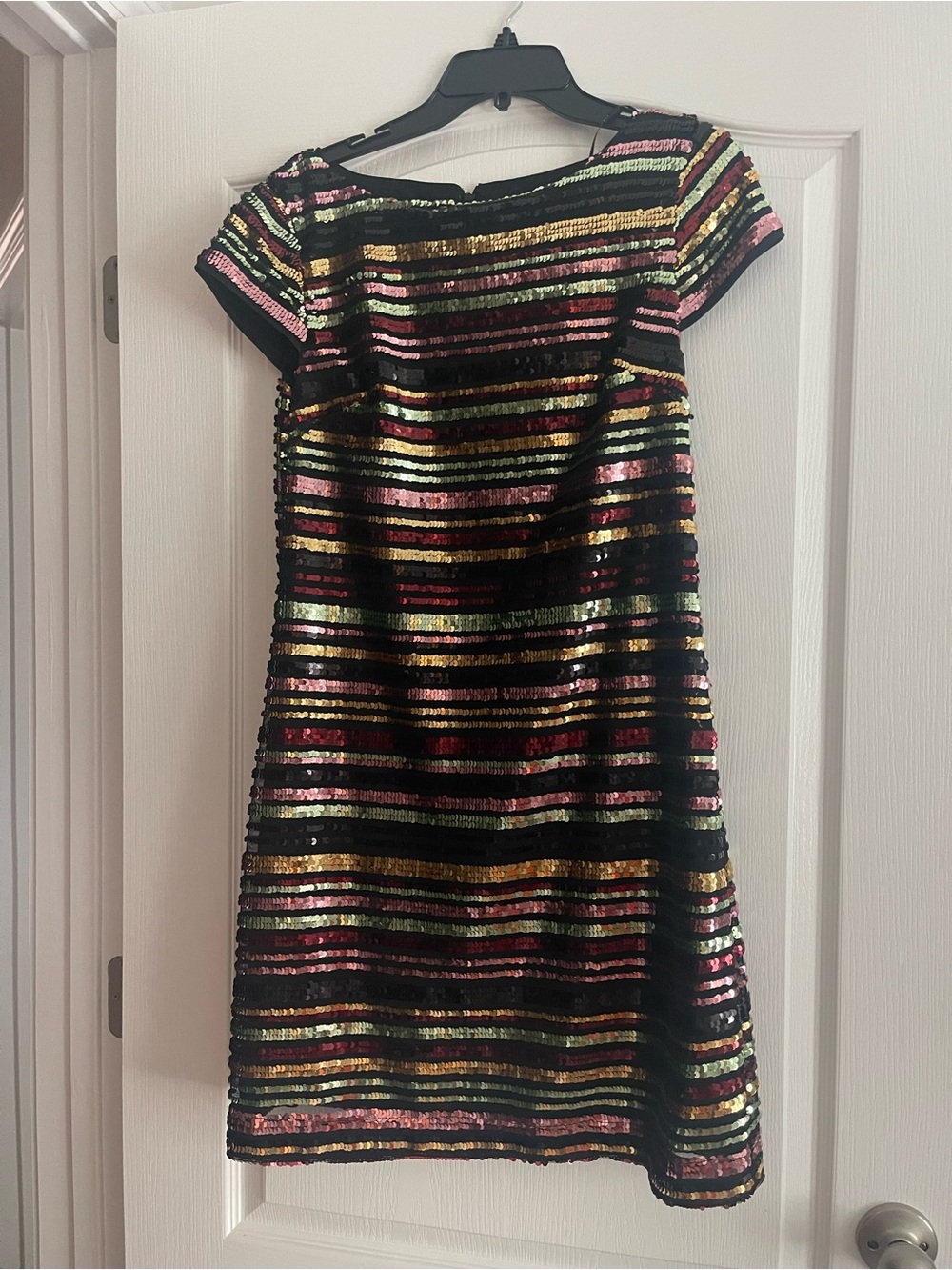 Vince Camuto Black Midi Dress with Gold, Pink, and Green Sequin Stripes